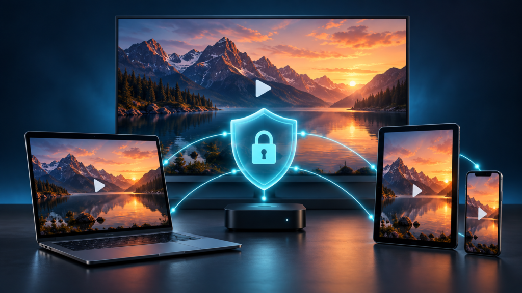 Secure streaming across a smart TV, laptop, tablet, and smartphone, connected by a glowing security shield.