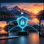 Secure streaming across a smart TV, laptop, tablet, and smartphone, connected by a glowing security shield.