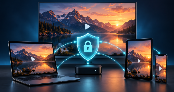 Secure streaming across a smart TV, laptop, tablet, and smartphone, connected by a glowing security shield.